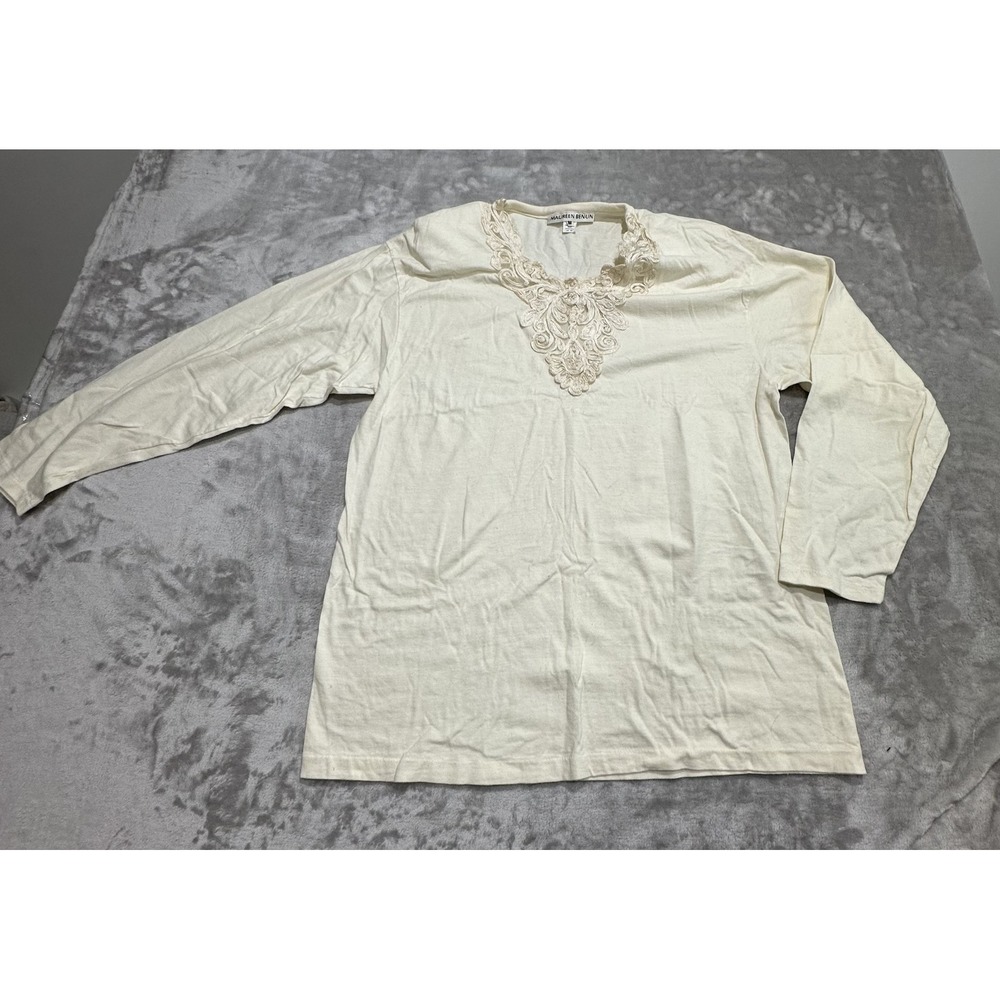 Maureen Benun Blouse Women's Size Medium‎ Oversized Off White Stitched Neckline